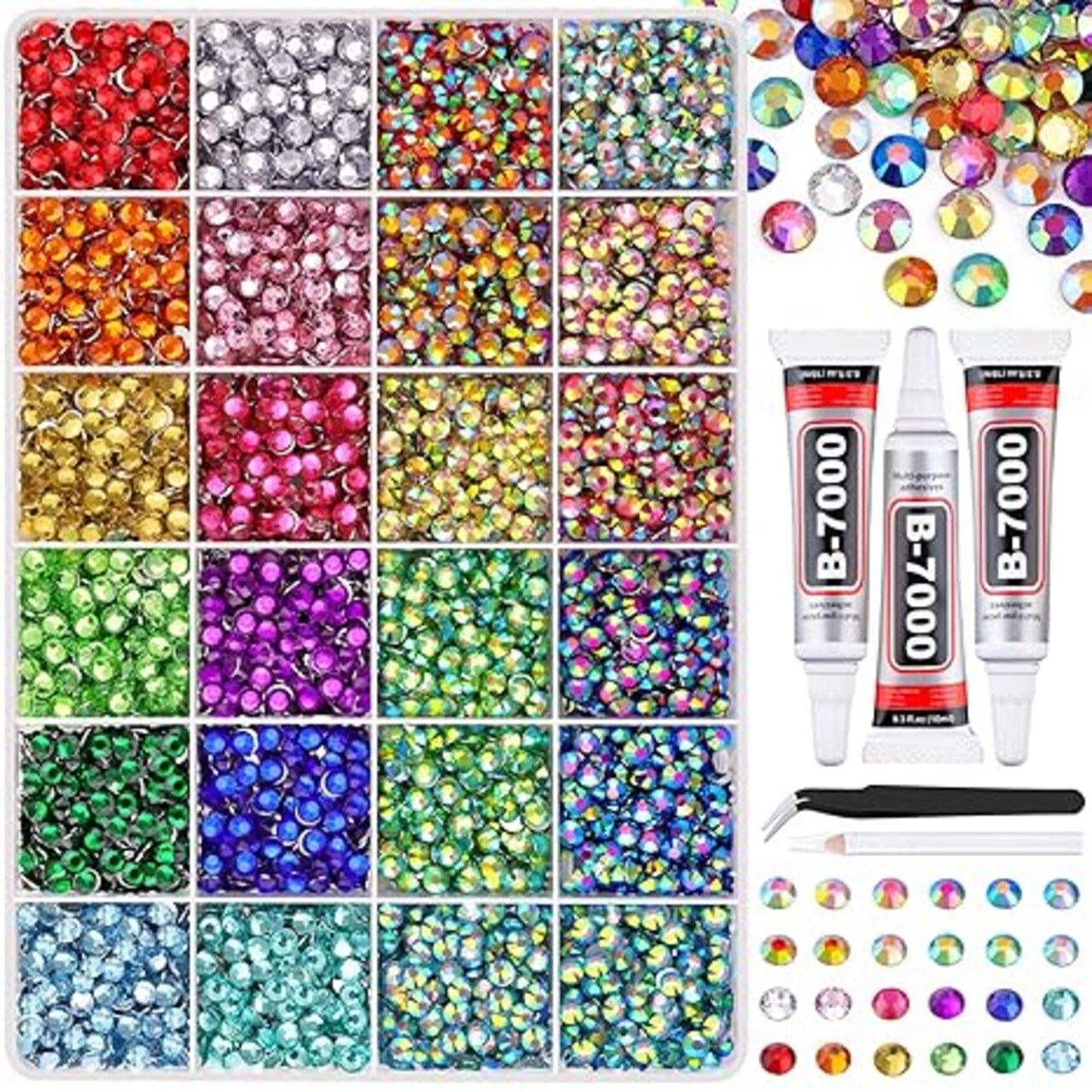 6600pcs Resin Rhinestones Kit with B7000 Glue – 5mm Mixed-Color Flatback Crystals for Crafts – Includes 3pcs Jewelry Glue & Tweezers – Bulk Bedazzling Set for Tumblers, Shoes, Clothing & DIY Nail Art